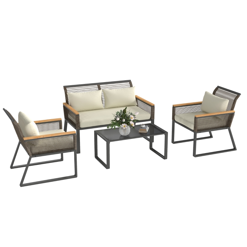 Best Four Piece Wicker Rope Garden Furniture Set with Glass Top Coffee Table - Grey - Image 10