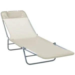 Best Outdoor Foldable Sun Lounger, Adjustable Backrest Garden Recliner Sun Lounger Chair with Headrest Pillow, Beige