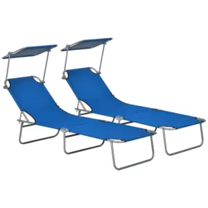 Best Outdoor Foldable Sun Lounger Set of 2, 4 Level Adjustable Backrest Reclining Sun Lounger Chair with Angle Adjust Sun Shade Awning for Beach, Garden, Patio, Blue