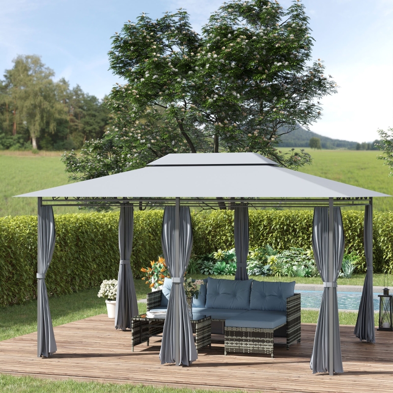Best 4m x 3(m)Garden Gazebo, Double Roof Outdoor Gazebo Canopy Shelter with Curtains, Solid Steel Frame for Lawn and Deck, Grey - Image 17