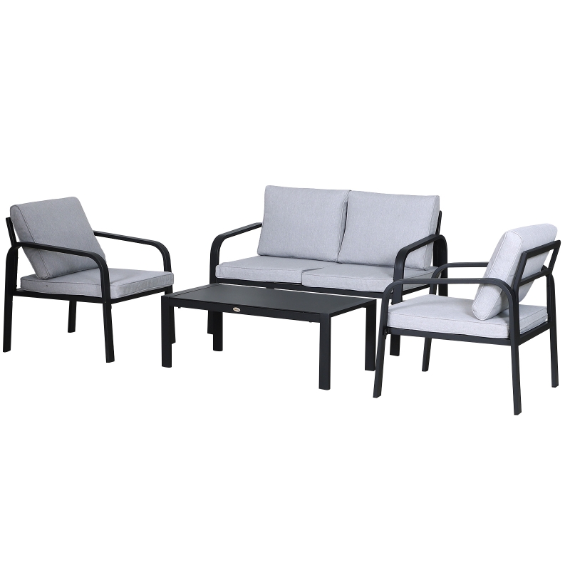 Best 4pcs Garden Sofa Set 2 Single Armchair, 1 Bench & 1 Coffee Table Set Aluminum Frame Patio Furniture with Cushions, Black - Image 11