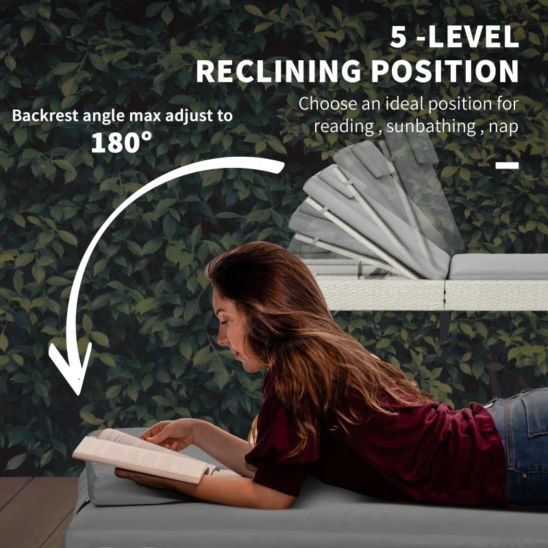 Best 3-piece PE Rattan Sun Lounger Set with Adjustable 5-Position Recliner, Patio Chaise Lounge Chair Set with Cushions, Headrests, Glass Top Square Coffee Table, Light Grey - Image 6