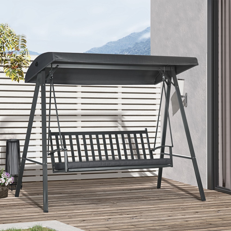 Best 3-Seat Garden Swing Chair, Outdoor Canopy Swing with Removable Cushion, Adjustable Shade, and Slatted Bench, for Porch, Poolside, Backyard, Dark Grey - Image 10
