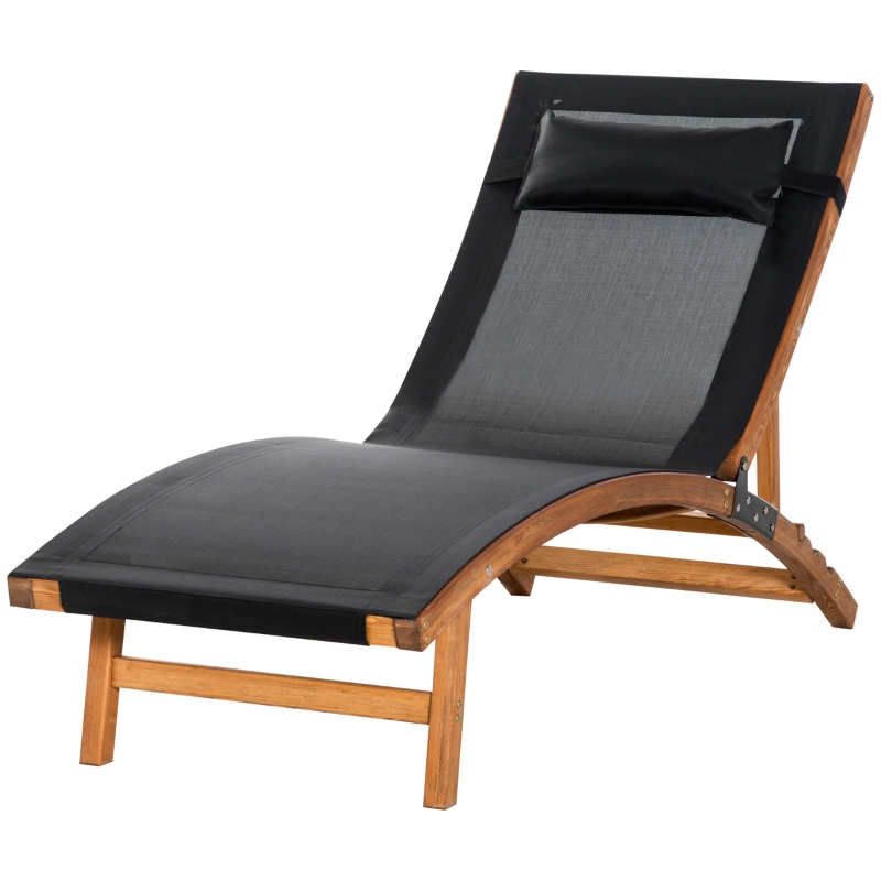 Best Ergonomic Patio Lounge Chair Wooden Outdoor Chaise w/ 3 Adjustable Back and Removable Headrest Pillow for Garden Black - Image 11