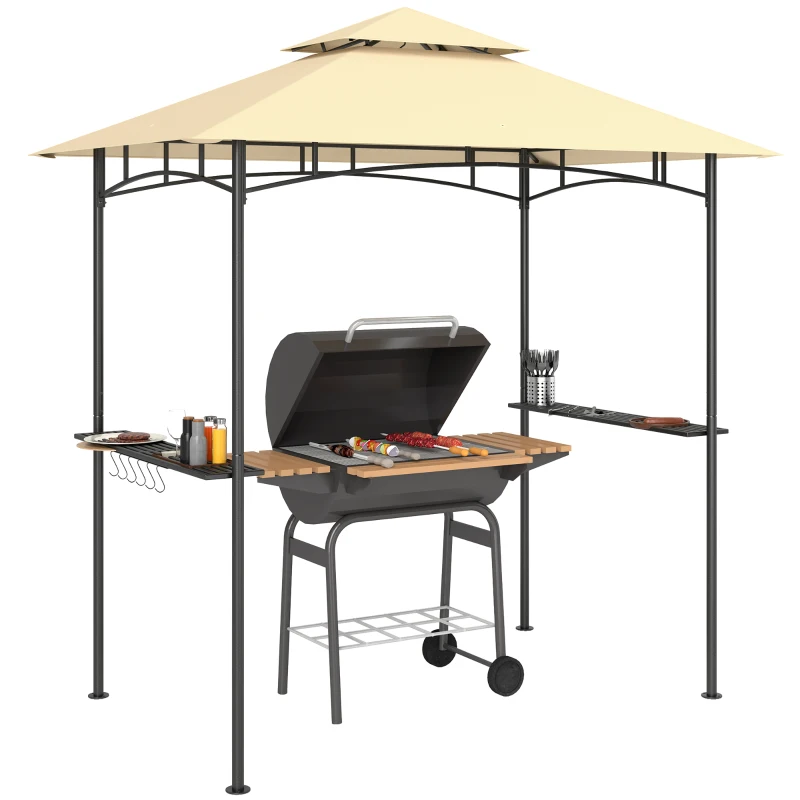 Best 8' x 5' Grill Gazebo, Double Tiered BBQ Gazebo Shelter Canopy with LED Lights, 2 Side Shelves, Hooks, Beige