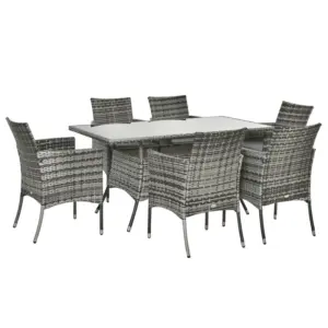 Best 7-Piece Rattan Garden Furniture Set with Cushions, 6 Seater Garden Table and Chairs, Rattan Dining Set with 6 Armchairs, Rectangular Glass Top Table, Grey