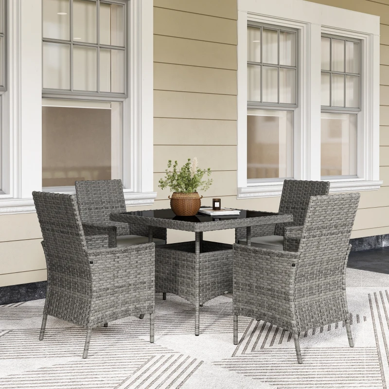 Best Rattan Garden Furniture Set, Outdoor Dining Table and Chairs 4 Seater with Cushions, Square Tempered Glass Top, 4 Armchairs, for Balcony, Terrace, Conservatory, Grey - Image 2