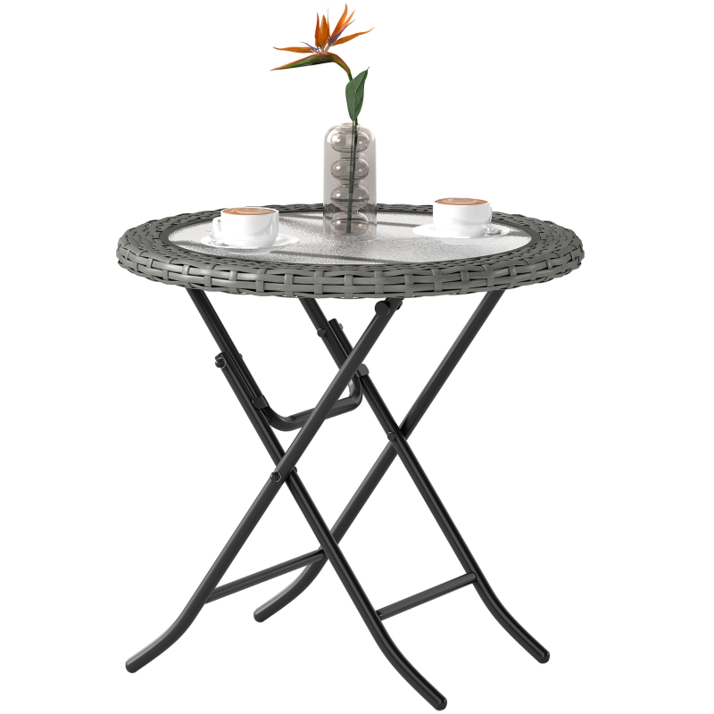 Best Folding Rattan Garden Dining Table, 68 cm Round Rattan Garden Table with Water Ripple Tempered Glass Top, Wicker Edging and Steel Frame for Outdoor, Patio, Grey - Image 11