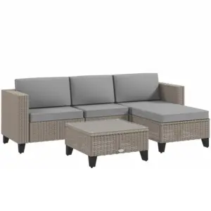 Best 5-Piece Rattan Patio Furniture Set with Corner Sofa, Footstools, Coffee Table, for Poolside, Brown