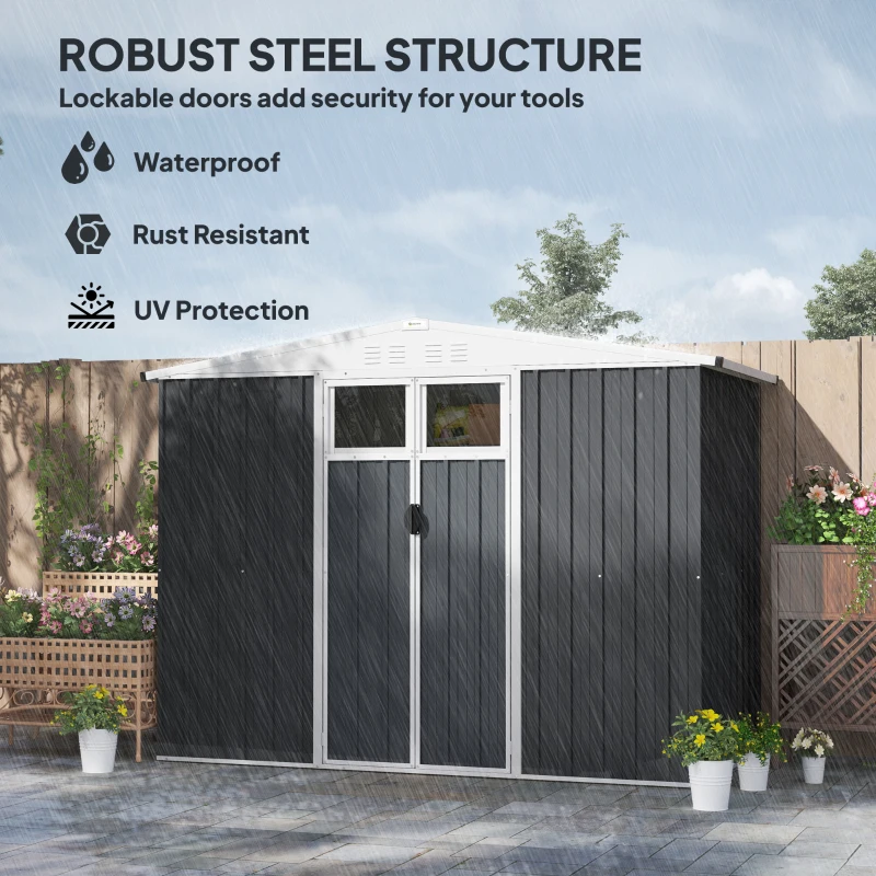 Best 8 x 4 ft Metal Garden Shed, Garden Storage Shed with Window, 4 Vents and Lockable Door, Waterproof Galvanised Steel Tool Storage Shed, Dark Grey - Image 6