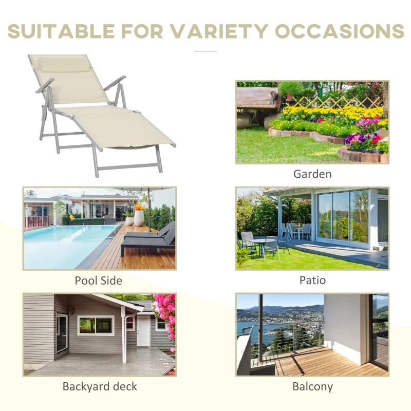 Best Steel Fabric Sun Lounger Outdoor Folding Chaise Lounge Chair Recliner with Portable Design & 7 Adjustable Backrest Positions - Beige - Image 7