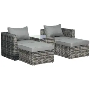 Best Five Piece Rattan Armchair, Stool and Table Set - Mixed Grey
