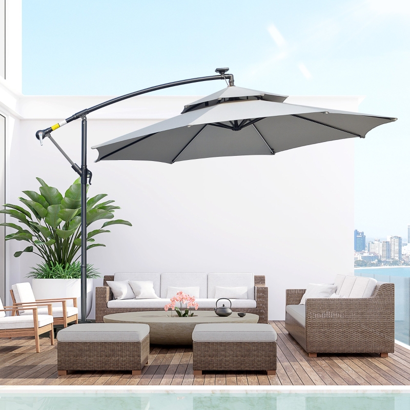 Best 3(m) Cantilever Banana Parasol Hanging Umbrella with Double Roof, LED Solar lights, Crank, 8 Sturdy Ribs and Cross Base for Outdoor, Garden, Patio, Light Grey - Image 10