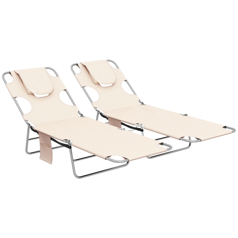 Best Foldable Sun Lounger Set of 2, Beach Chaise Lounges with Reading Hole, Arm Slots, 5-Position Adjustable Backrest, Side Pocket, Pillow for Patio, Garden, Beach, Pool, Beige - Image 11