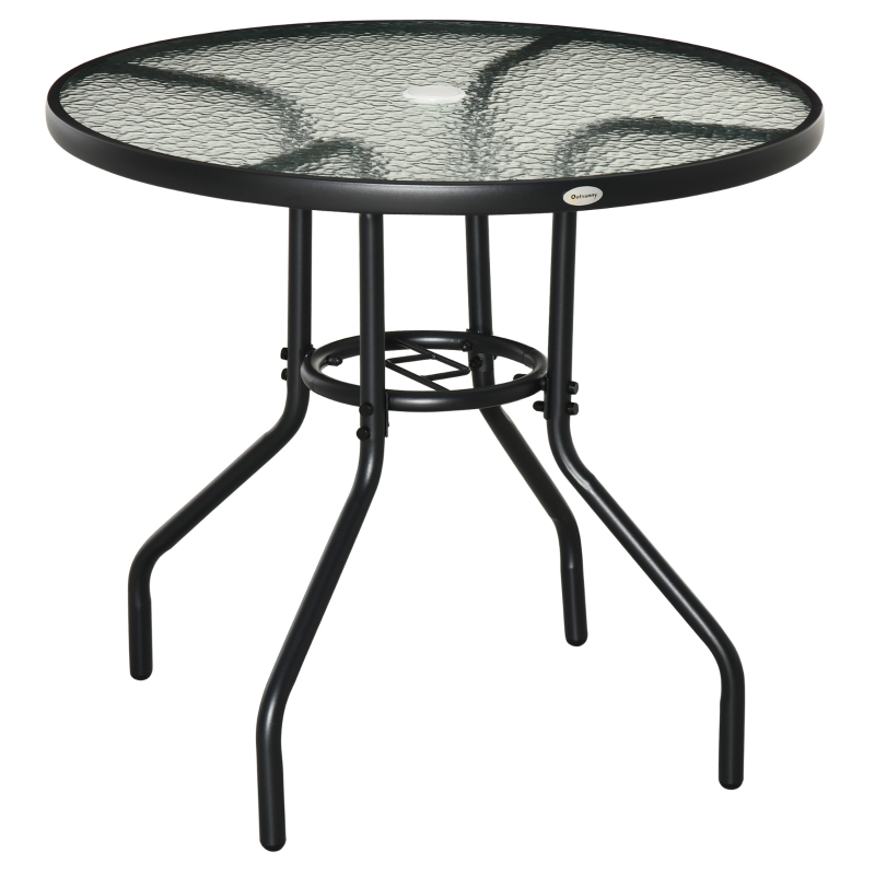 Best Outdoor φ80cm Round Dining Table Tempered Glass Top Steel Frame Bistro Coffee End Side Table Garden w/ Parasol Hole - Image 13