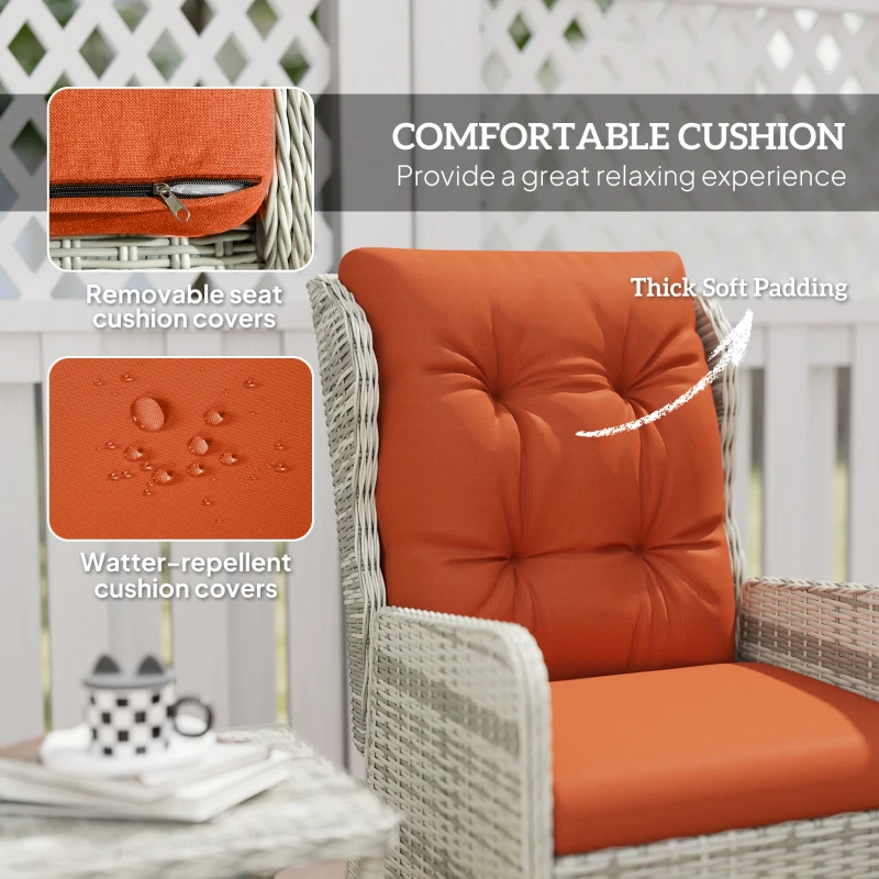 Best 5 Pieces Rattan Bistro Set with Adjustable Back, Reclining Wicker Balcony Furniture with Cushions, Glass Top Coffee Table and Footstools, Outdoor Table and Chairs, Orange - Image 5