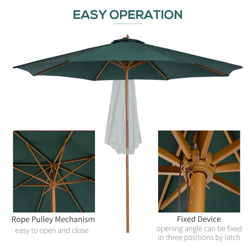 Best 3(m) Wooden Patio Umbrella, Pulley Operated Garden Parasol with Rope Pulley Mechanism and 8 Ribs, Dark Green - Image 5