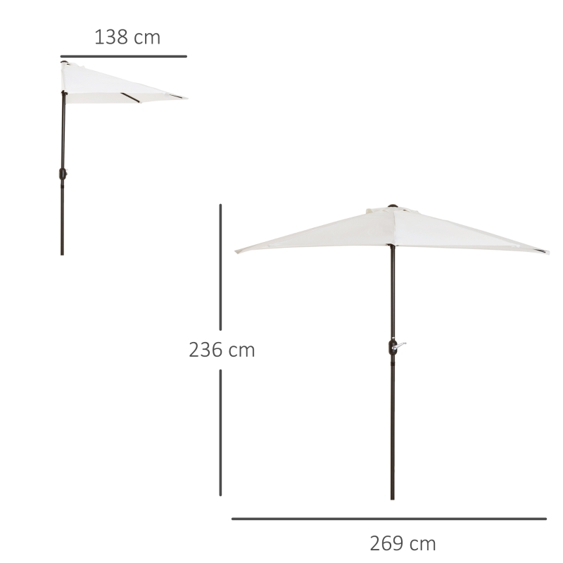 Best 2.7m Garden Half Parasol, Outdoor Balcony Umbrella with 5 Steel Ribs, Patio Sun Shade, Cream White - Image 3