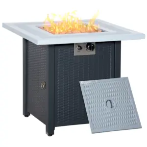 Best Square Propane Gas Fire Pit Table, 40000 BTU Rattan Smokeless Firepit Patio Heater with Lava Rocks and Lid, 71cm x 71cm x 62cm, Black