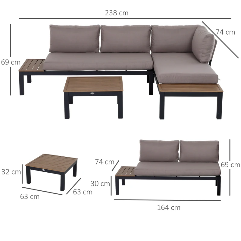 Best 3 Pieces Garden Furniture Set, Aluminium 4 Seater Corner Sofa Set with 2 Loveseats, Coffee Table and Side Trays, Outdoor Conversation Furniture with Cushions for Garden, Black - Image 3