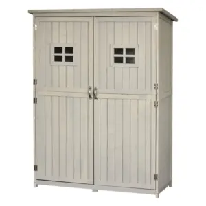 Best Wooden Garden Shed with Two Windows, Tool Storage Cabinet, Outdoor Double Door Organizer 127.5L x 50W x 164H cm, Grey