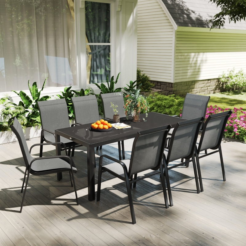 Best 8 Seater Garden Dining Set with Stacking Chairs, Rectangular Tempered Glass Top, Garden Furniture Set, Outdoor Dining Table and Chairs for Patio, Balcony, Poolside, Dark Grey - Image 10