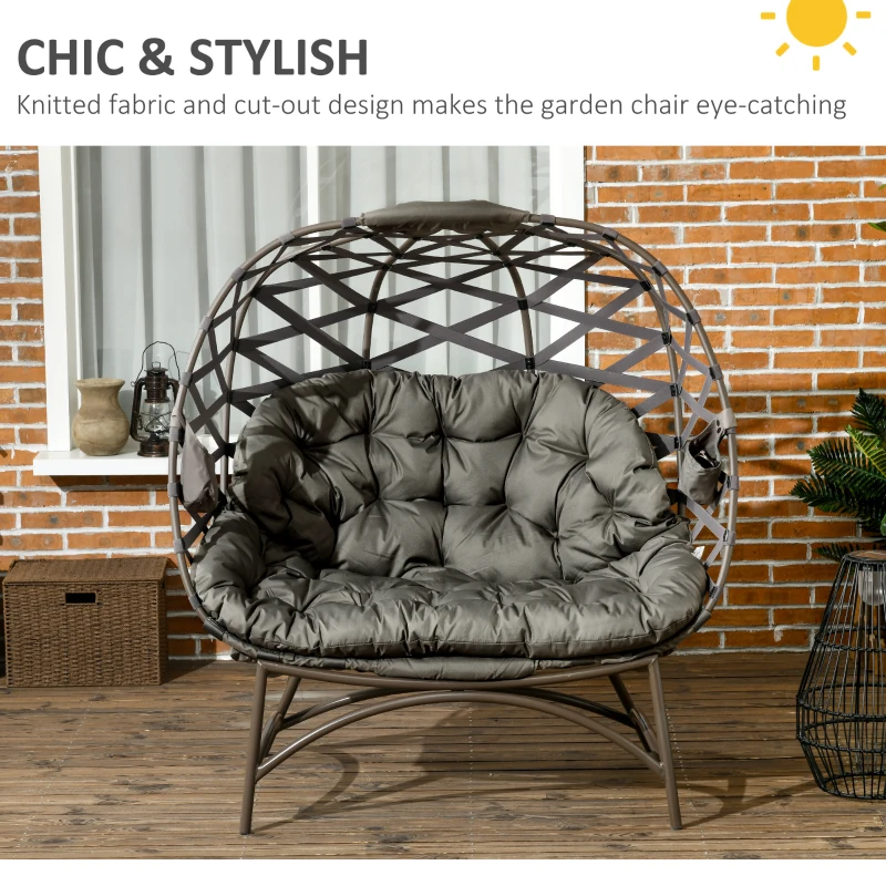 Best 2 Seater Egg Chair Outdoor, Folding Weave Garden Furniture Chair with Cushion, Cup Pockets - Sand Brown - Image 4