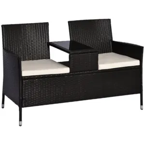 Best 2 Seater Rattan Campanion Chair Wicker Loveseat Outdoor Patio Armchair with Drink Table Garden Furniture - Dark Brown