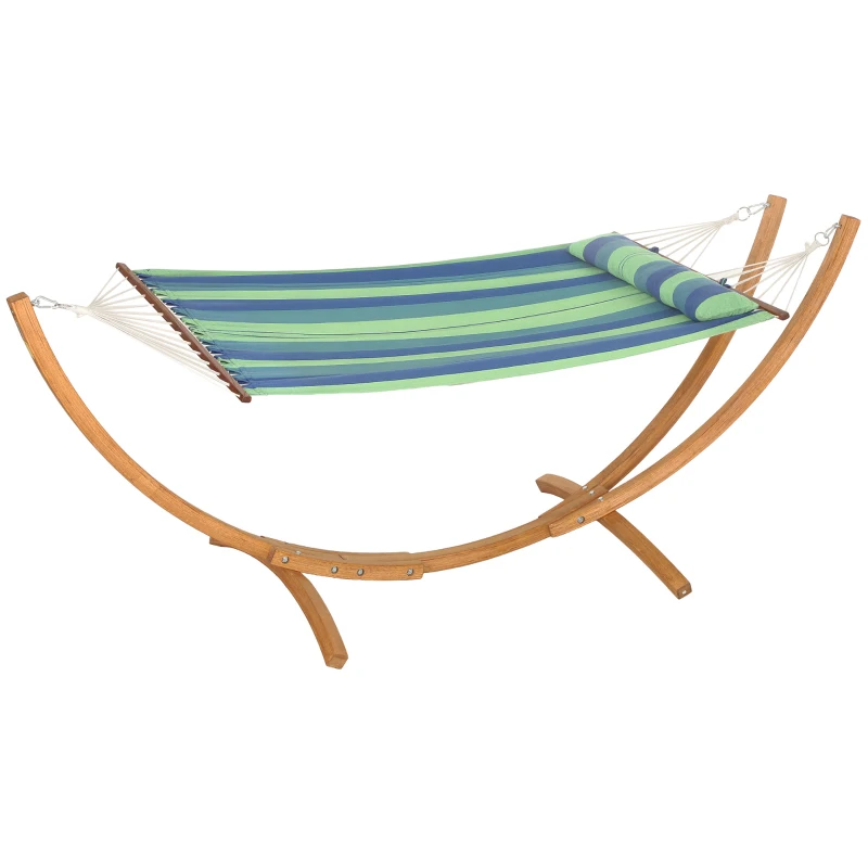 Best Outdoor Hammock with Stand, Garden Hammock with Triple-Head Eucalyptus Wood Arc Frame, 1 Person Cotton Bed and Head Pillow, Freestanding Garden Swing Bed for Patio, Blue Stripe