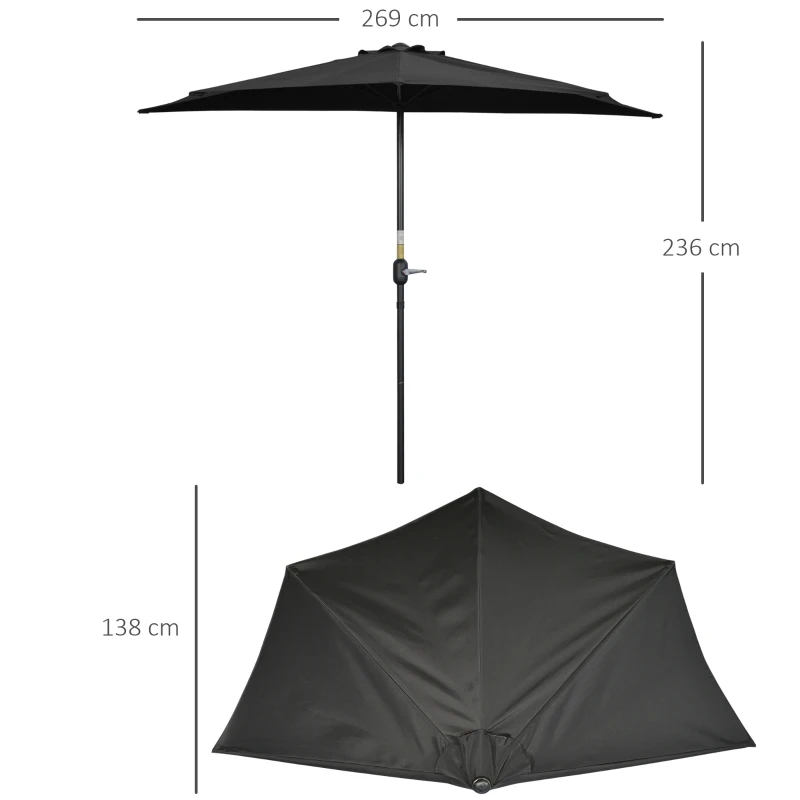 Best 2.7m Garden Half Parasol, Outdoor Balcony Umbrella with 5 Steel Ribs, Patio Sun Shade, Black - Image 3