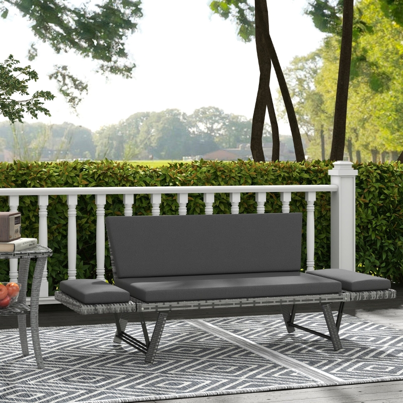 Best 2 Seater Rattan Sofa with Cushions, 2-in-1 PE Rattan Daybed Sofa with Left Up or Down Armrests, Garden Chaise Lounger Loveseat for Outdoor, Patio, Mixed Grey - Image 12