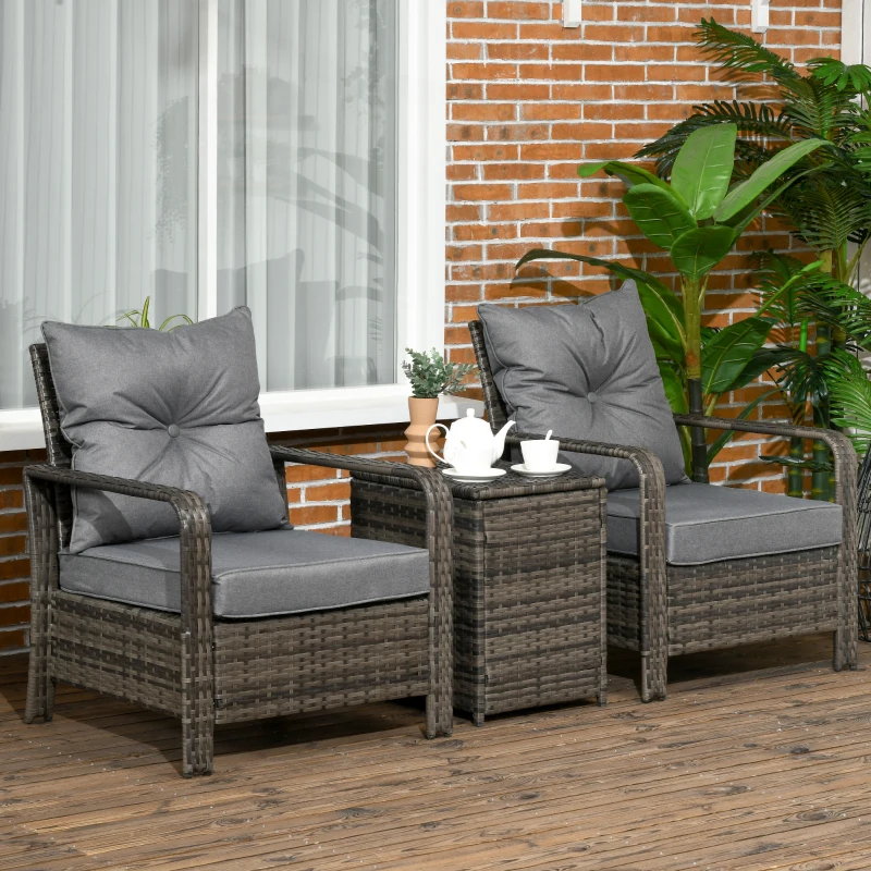 Best 3 Pieces Rattan Bistro Set, Wicker Garden Furniture Set with Storage Coffee Table and Chairs, Thickened Cushions for Outdoor, Patio, Balcony, Grey - Image 2