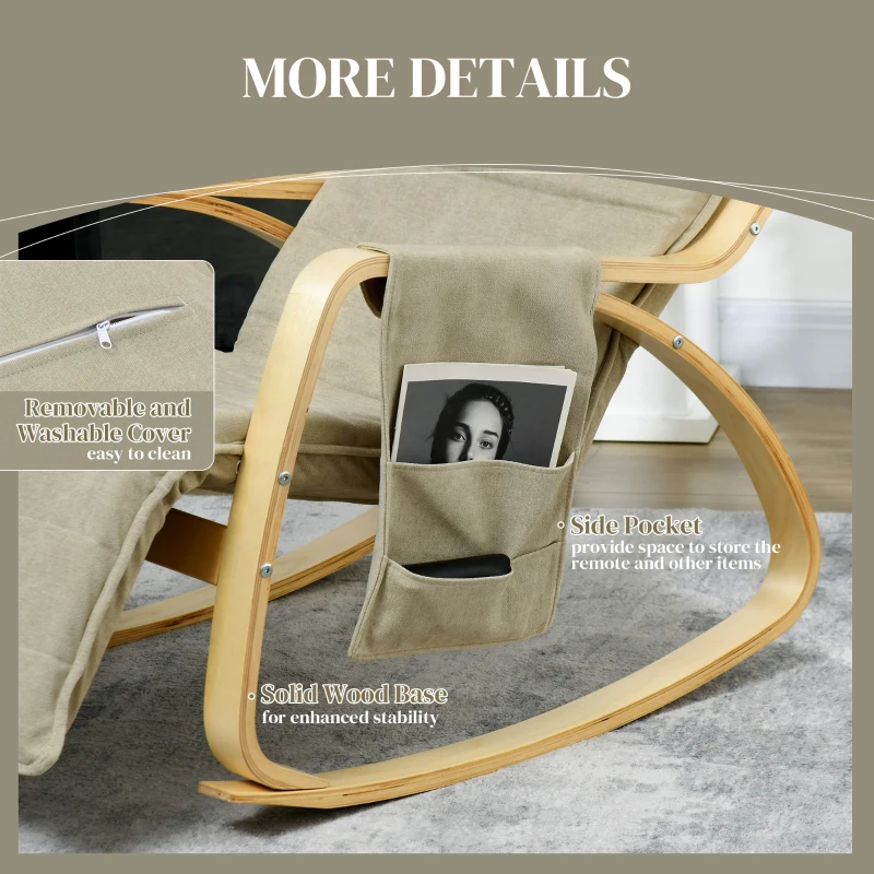 HOMCOM Rocking Lounge Chair Recliner Relaxation Lounging Relaxing Seat with Adjustable Footrest, Side Pocket and Pillow, Khaki - Image 6