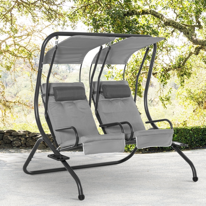 Best Canopy Swing 2 Separate Relax Chairs w/ Handrails and Removable Canopy Grey - Image 11
