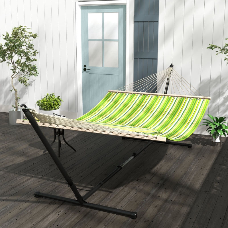 Best Outdoor Garden Hammock with Stand, Double Cotton Hammock with Adjustable Steel Frame, Swing Hanging Bed with Pillow, for Garden, Patio, Beach, Green Stripes - Image 10
