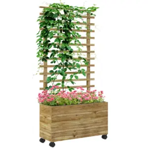 Best Wooden Raised Planter, with Back Trellis - Natural Finish
