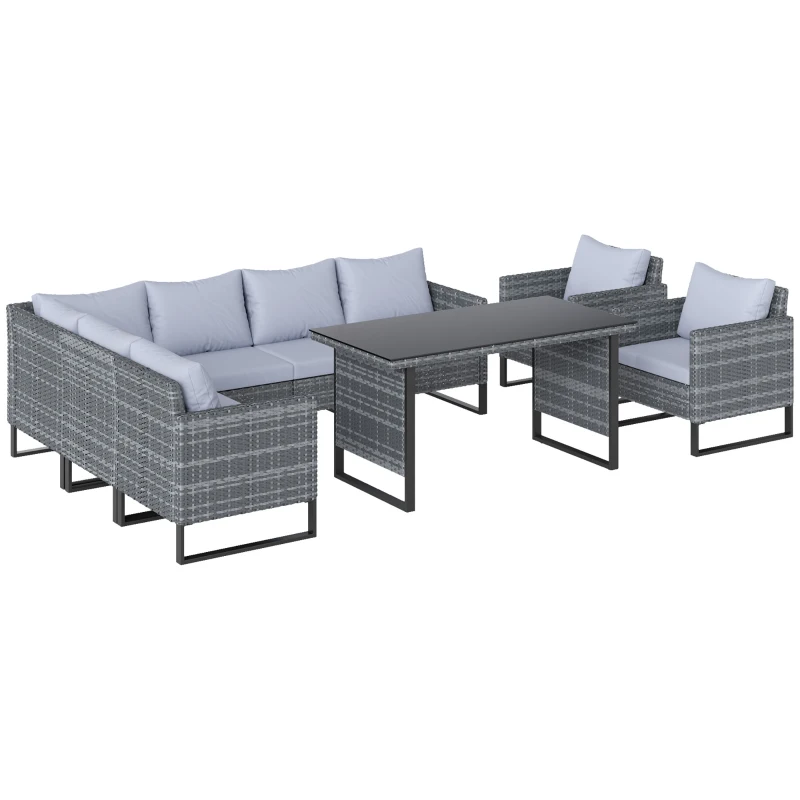 Best 9 Piece Rattan Garden Furniture Set, 8 Seater Garden Corner Sofa with Cushions and Glass Top Table, Sectional Outdoor Furniture Conservatory Set for Patio, Light Grey