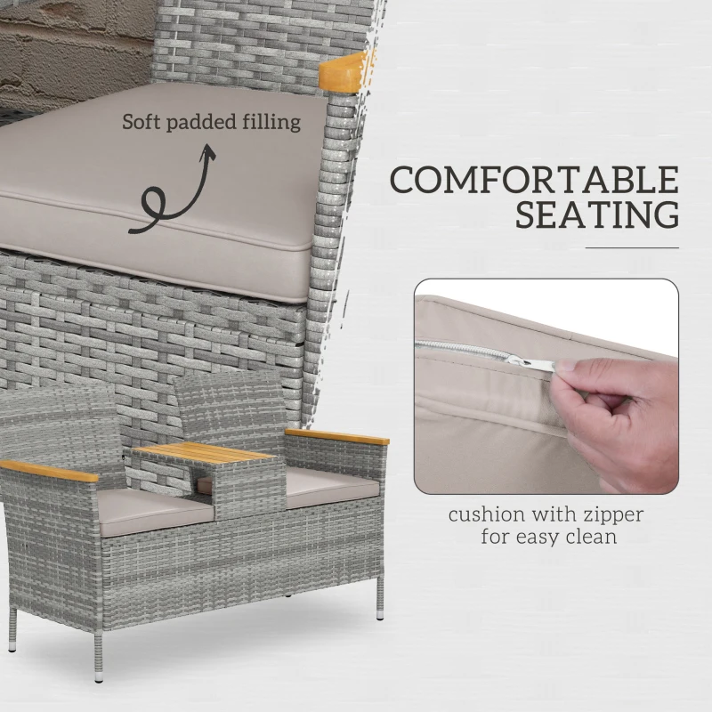 Best Two-Seat Rattan Loveseat, with Wood-Top Middle Table - Grey - Image 5