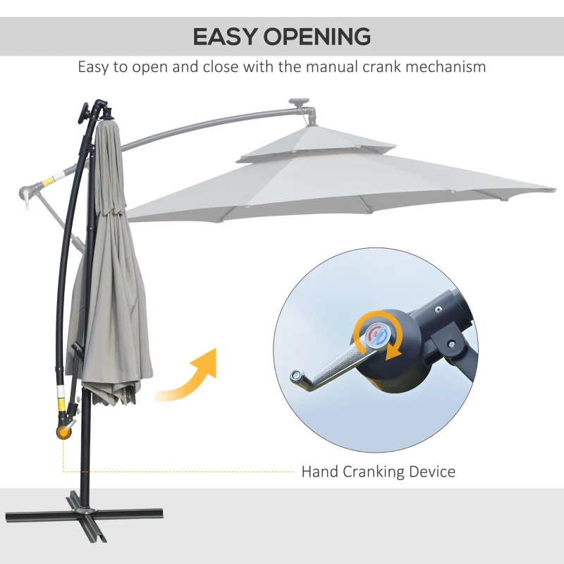 Best 3(m) Cantilever Banana Parasol Hanging Umbrella with Double Roof, LED Solar lights, Crank, 8 Sturdy Ribs and Cross Base for Outdoor, Garden, Patio, Light Grey - Image 5