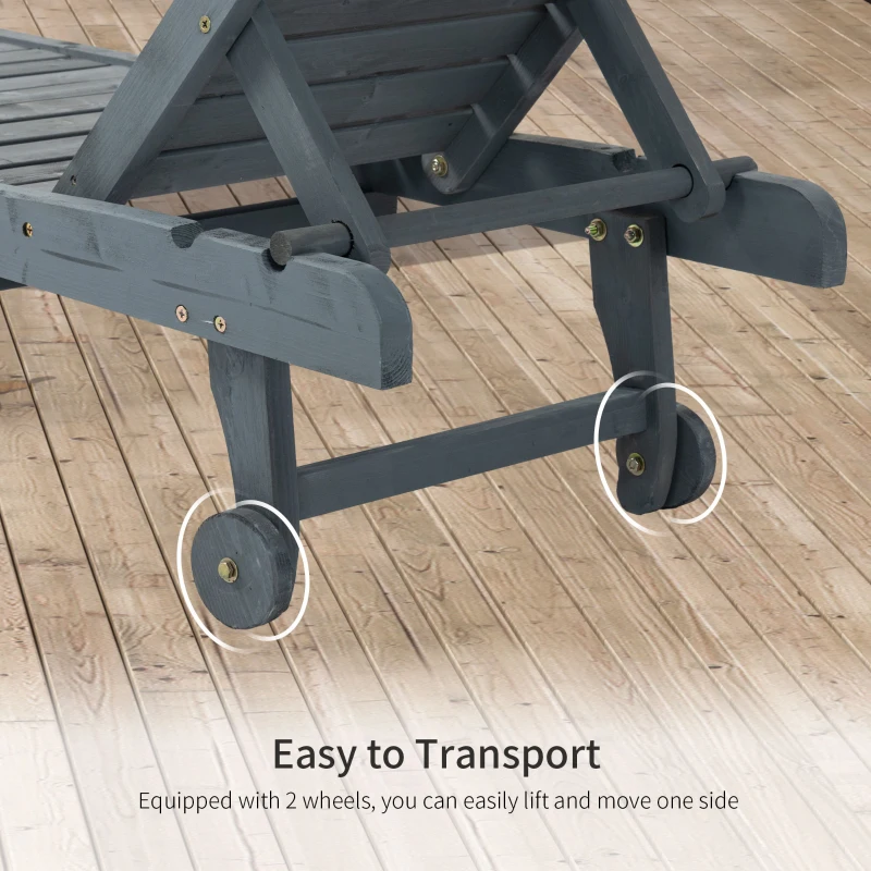 Best Garden Patio Sun Lounger, Outdoor Wooden Sun Bed with Built-In Table, Reclining Backrest and Rolling Wheels for Sunbathing, Grey - Image 6