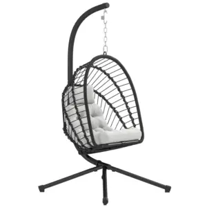 Best Outdoor PE Rattan Swing Chair with Foldable Basket and Cushion, Garden Patio Hanging Egg Chair with Metal Stand, Headrest for Indoor and Outdoor, Black