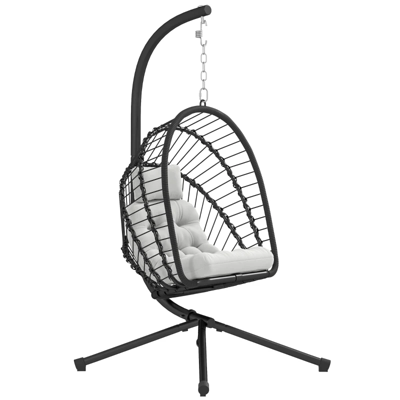 Best Outdoor PE Rattan Swing Chair with Foldable Basket and Cushion, Garden Patio Hanging Egg Chair with Metal Stand, Headrest for Indoor and Outdoor, Black