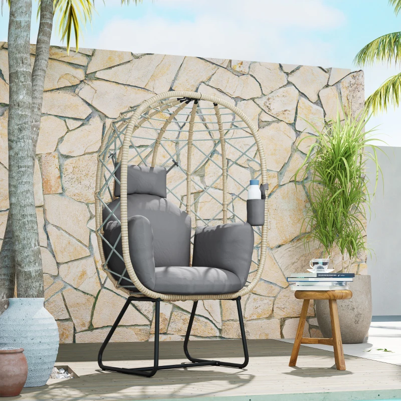 Best Rattan Egg Chair Outdoor Indoor Wicker Chair with Thickened Cushion and Headrest, Standing Garden Egg Chair with Cup Holder, Metal Frame for Patio, Balcony, Grey - Image 8
