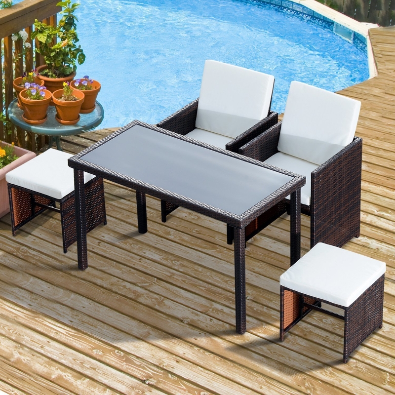 Best 2 Seater Rattan Cube Garden Furniture Set, Rattan Dining Set with Cushions, Outdoor Dining Table and Chairs with 2 Armchairs, 2 Stools, Rectangular Glass Top Table for Patio, Balcony, Brown - Image 10