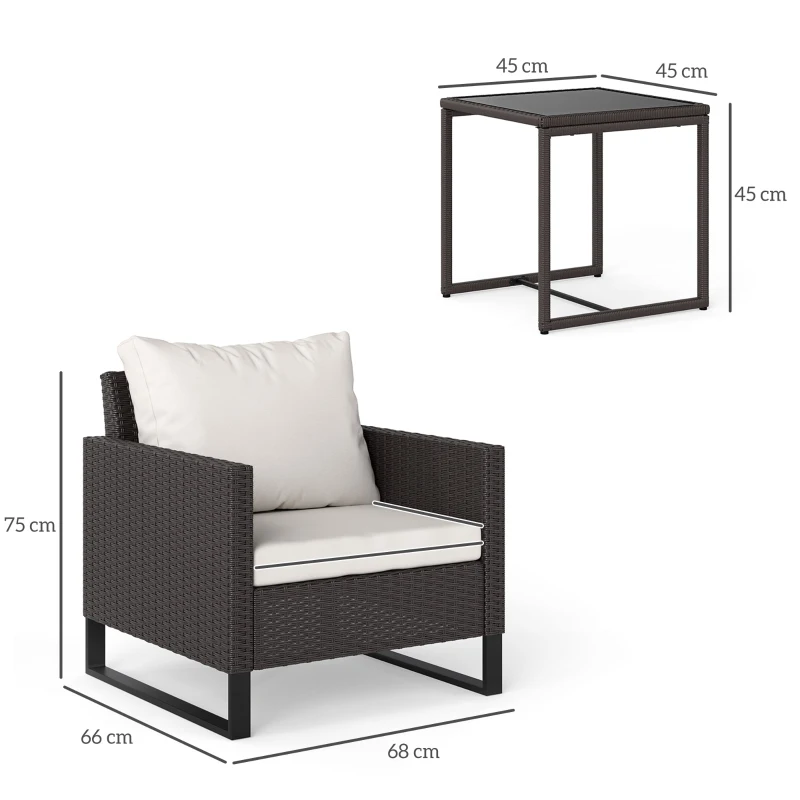 Best 3 Pieces Rattan Bistro Set with 4 Cushions, Wicker Garden Furniture Set, Glass Top Coffee Table and Chairs for Outdoor Patio, Balcony, Terrace and Conservatory, Brown - Image 3