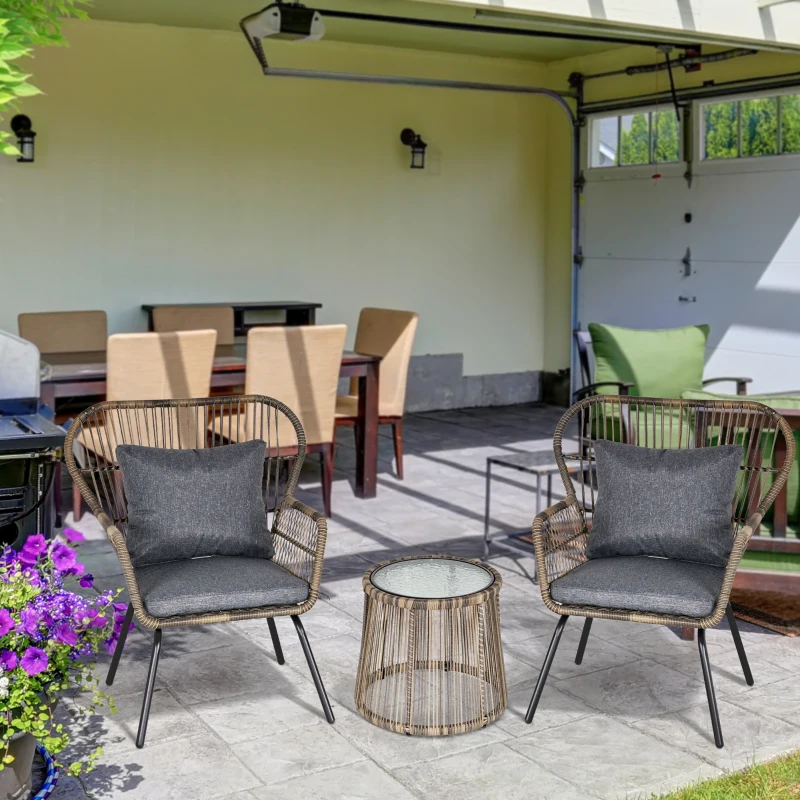 Best 3 Pieces Rattan Bistro Set, Wicker Garden Furniture Set with Cushions, Glass Top Coffee Table and Chairs for Outdoor, Patio, Balcony, Grey - Image 2