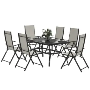 Best Seven-Piece Steel Outdoor Dining Set, with Parasol Hole - Khaki