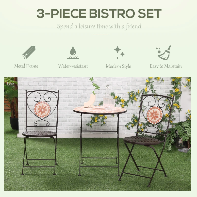 Best 3 Piece Mosaic Bistro Set, 2 Folding Chairs & 1 Round Table Outdoor Furniture for Outdoor, Balcony, Poolside, Yellow - Image 4
