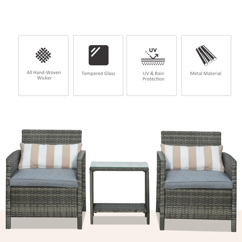 Best 3 Pieces Rattan Bistro Set, Wicker Garden Furniture Set, Glass Top 2-tier Coffee Table and Chairs Set with Pillows and Washable Cushions for Outdoor, Patio, Balcony, Grey - Image 4