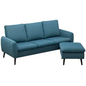 Best Fabric Sofa with Ottoman, Corduroy L-shaped Sofa Couch with Scatter Back, Reversible 3-Seater Chaise Lounge for Living Room, Home Office, Small Spaces, Blue